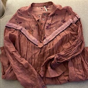 Free People Pink Pleated Ruffled Blouse with Mandarin Collar